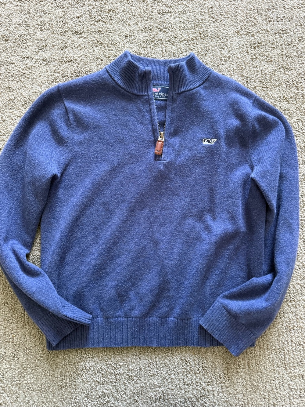 Vineyard Vines boys Blue Quarter-Zip Sweater with Leather Pull